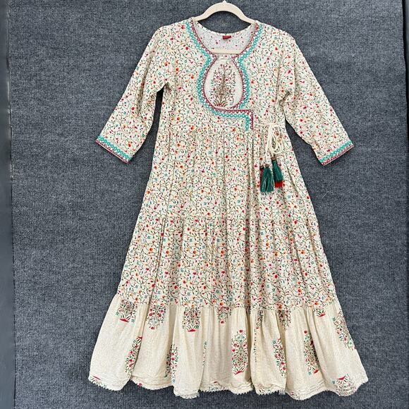 Krrish Womens Indian Dress Kurta Size Medium Floral Metallic Tassel Midi Cottage - Picture 1 of 9